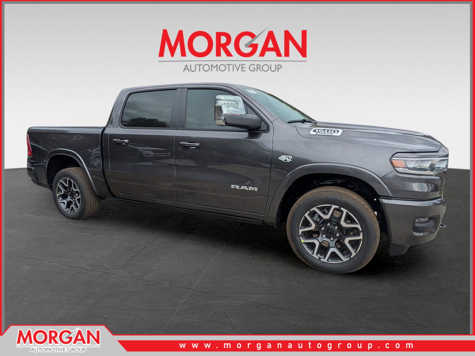2026 Ram 1500 Laramie in Gray — front three-quarter view