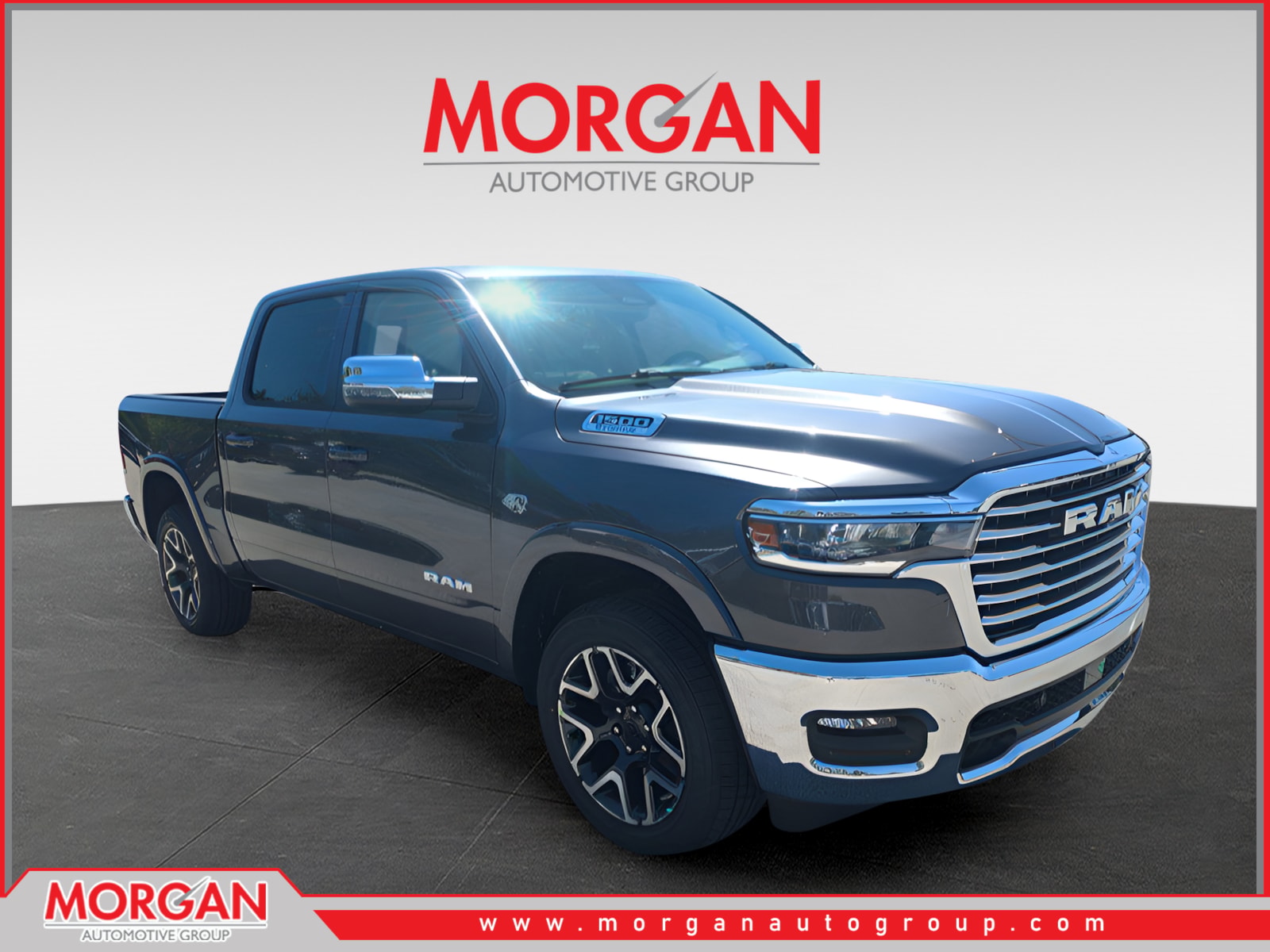 2026 Ram 1500 Laramie in Gray — front three-quarter view