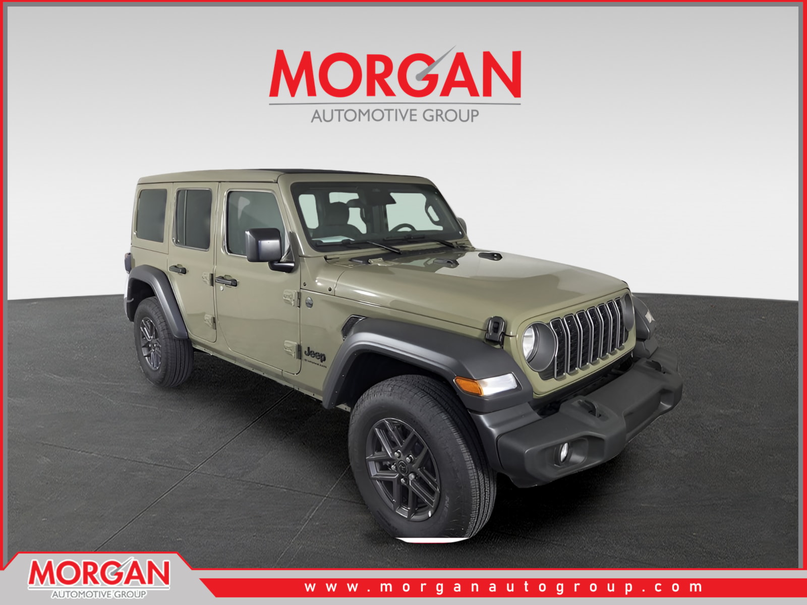 2026 Jeep Wrangler Sport S in Green — front three-quarter view
