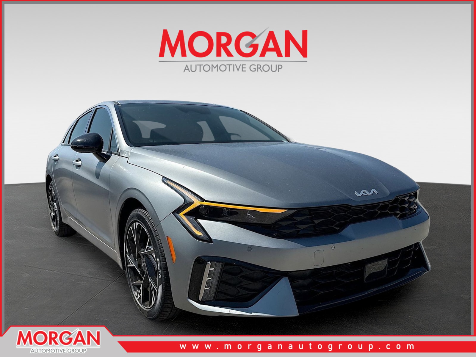 2026 Kia K5 GT-Line in Steel Matte Gray — front three-quarter view